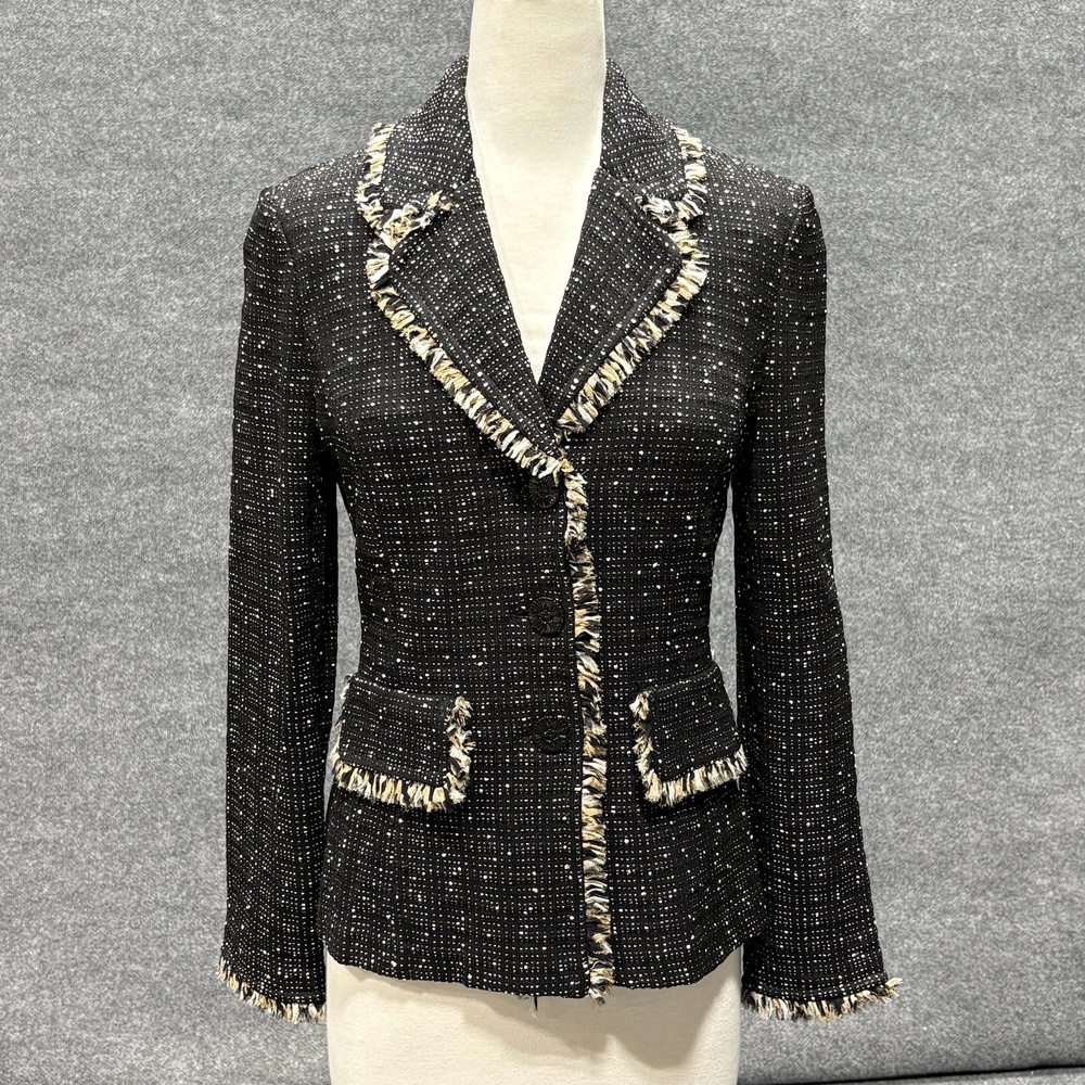 St John Jacket Womens 4 Black Wool Tweed Fringe Trim Blazer Short Pockets